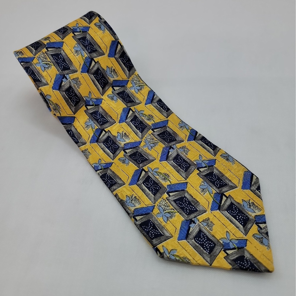 Ermenegildo Zegna Silk Luxury Tie Yellow And Blue Abstract Pattern Made In Italy
